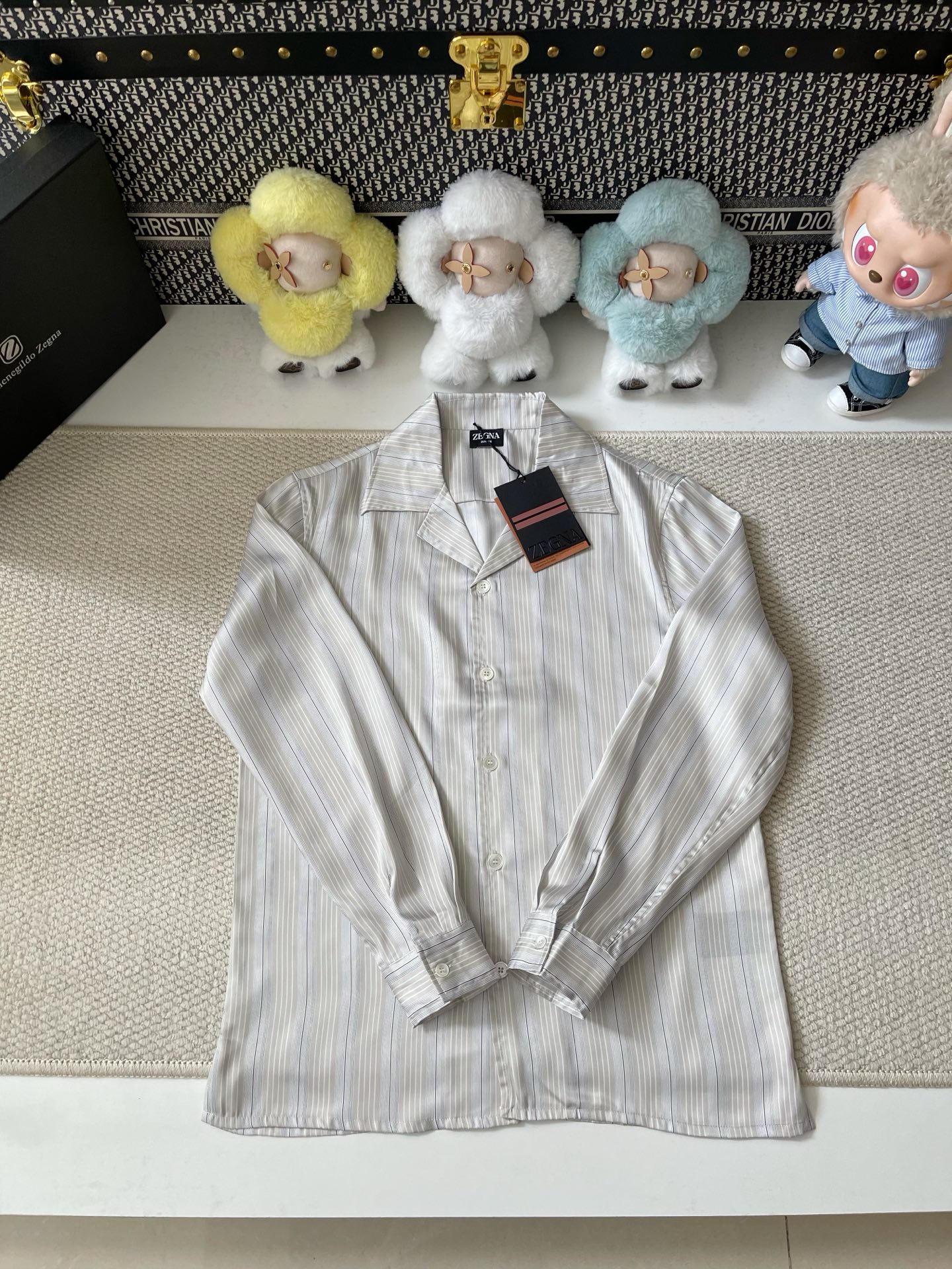 Zegna 灰调竖条纹古巴领真丝长袖衬衫