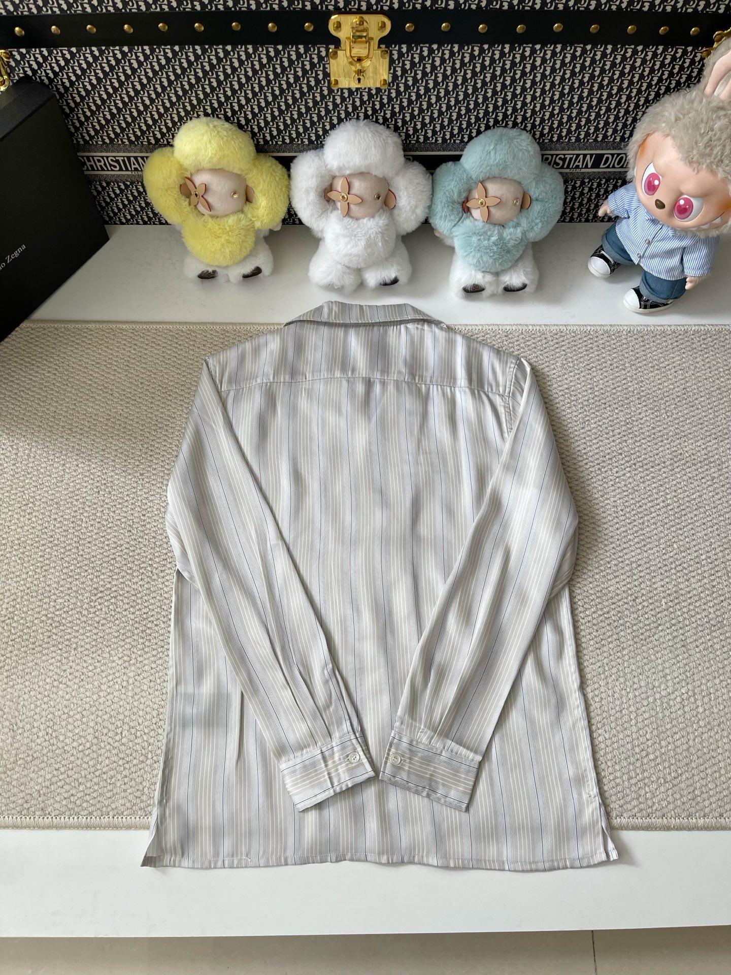 Zegna 灰调竖条纹古巴领真丝长袖衬衫