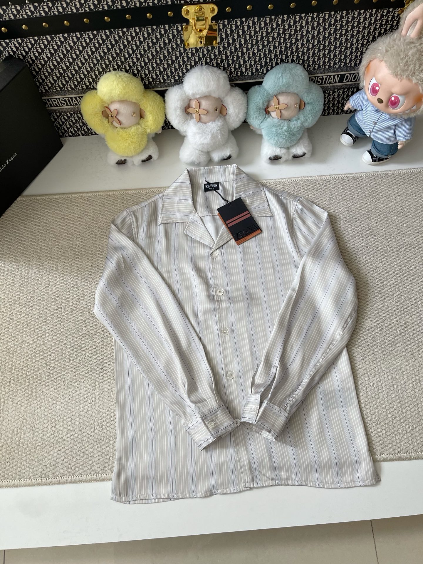 Zegna 灰调竖条纹古巴领真丝长袖衬衫