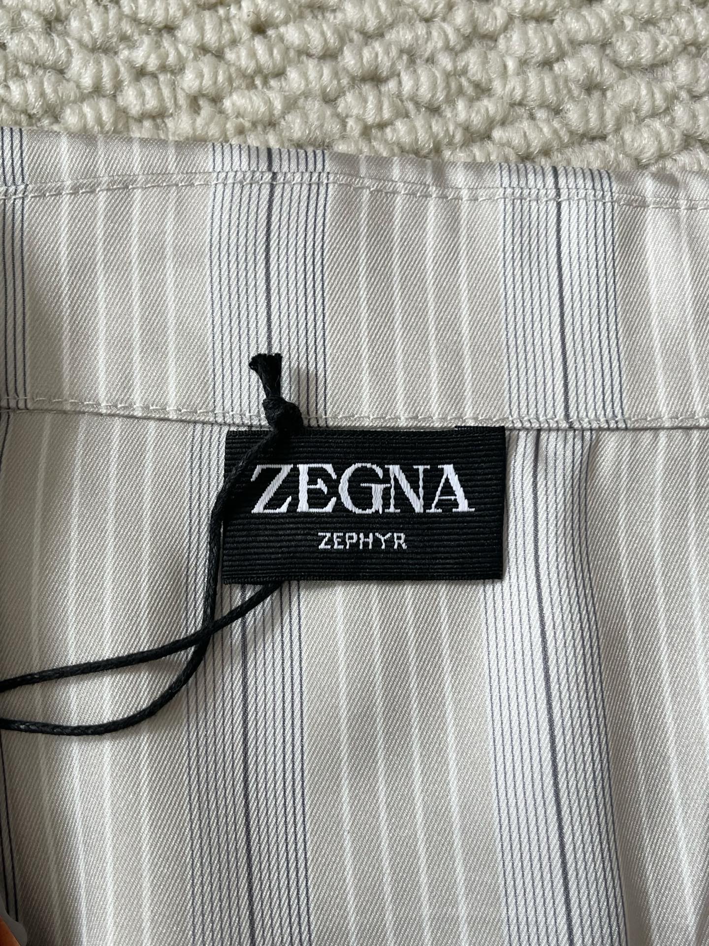 Zegna 灰调竖条纹古巴领真丝长袖衬衫