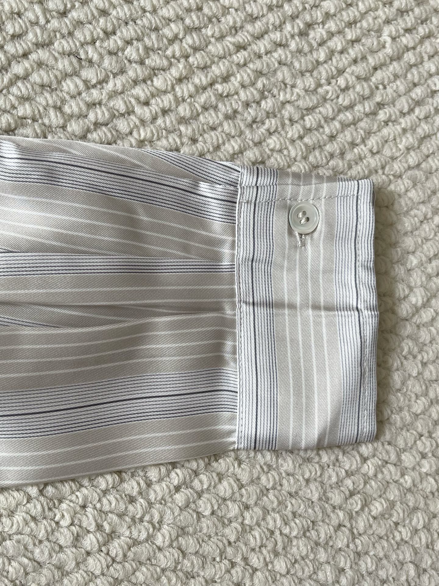 Zegna 灰调竖条纹古巴领真丝长袖衬衫
