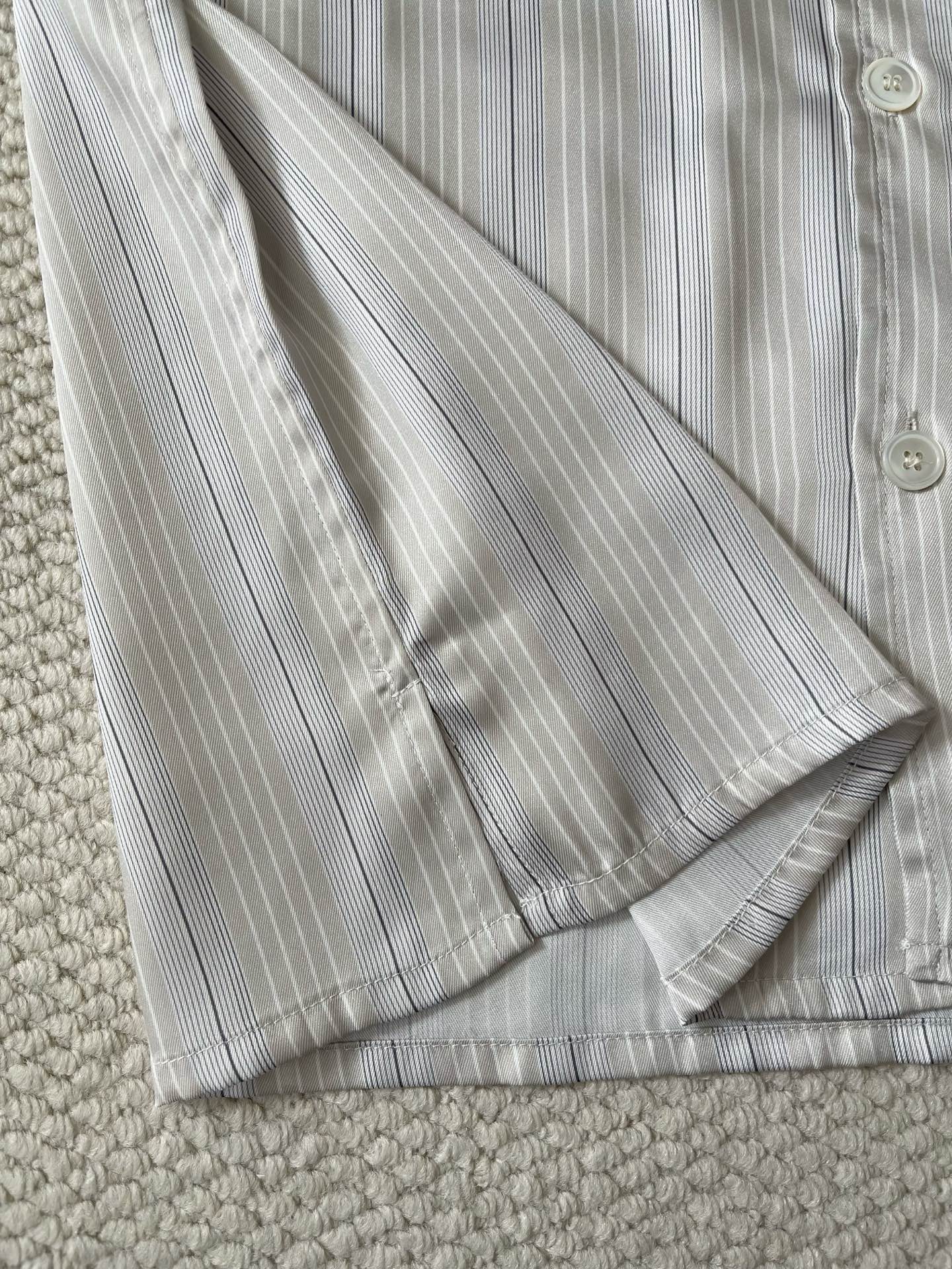 Zegna 灰调竖条纹古巴领真丝长袖衬衫